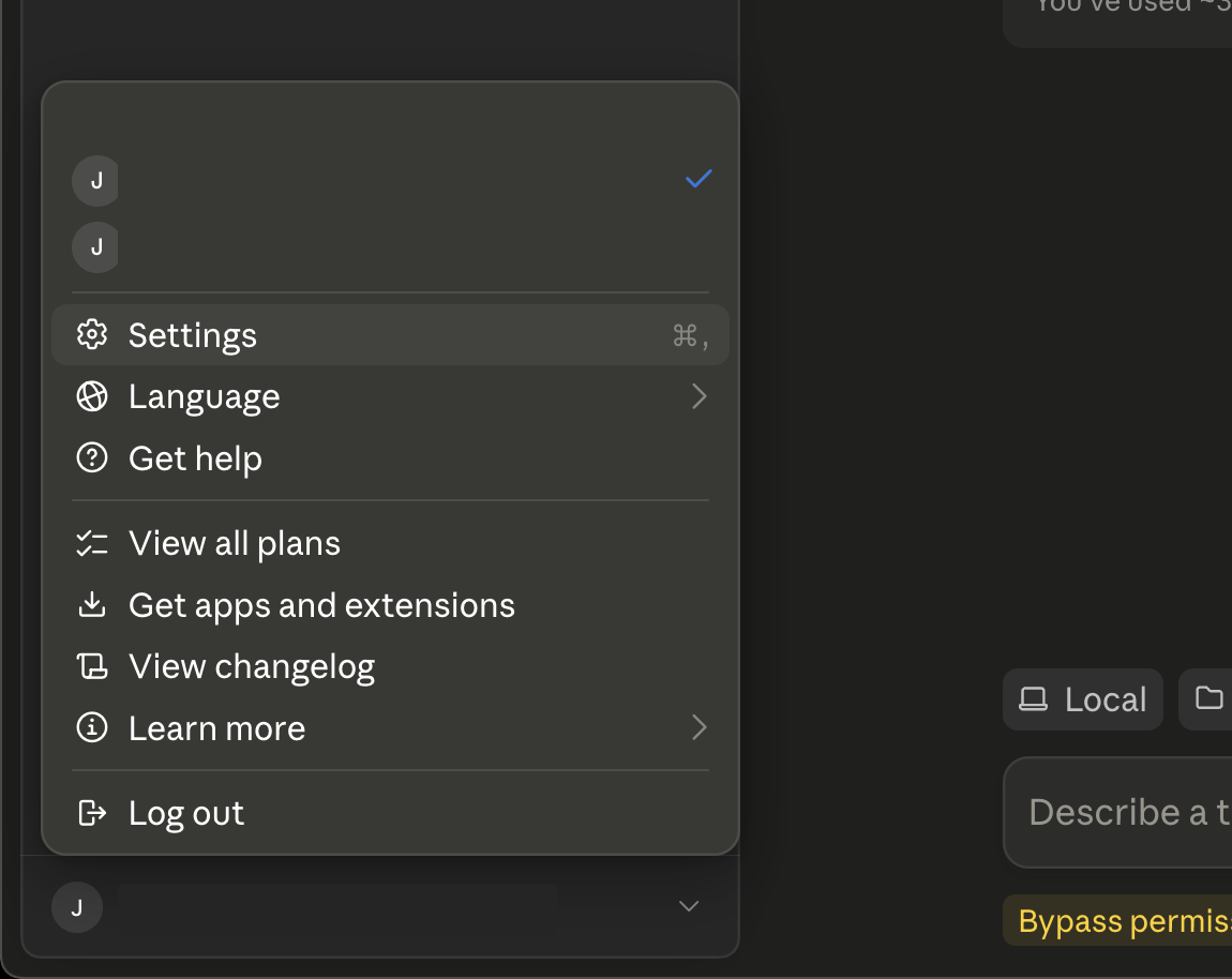 Open Settings from the account menu in the Claude desktop app.