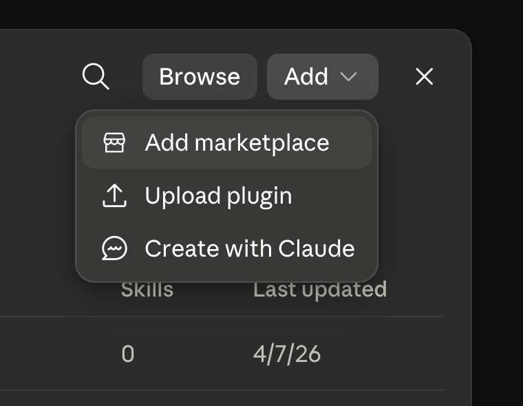Open the Add menu and select Add marketplace.