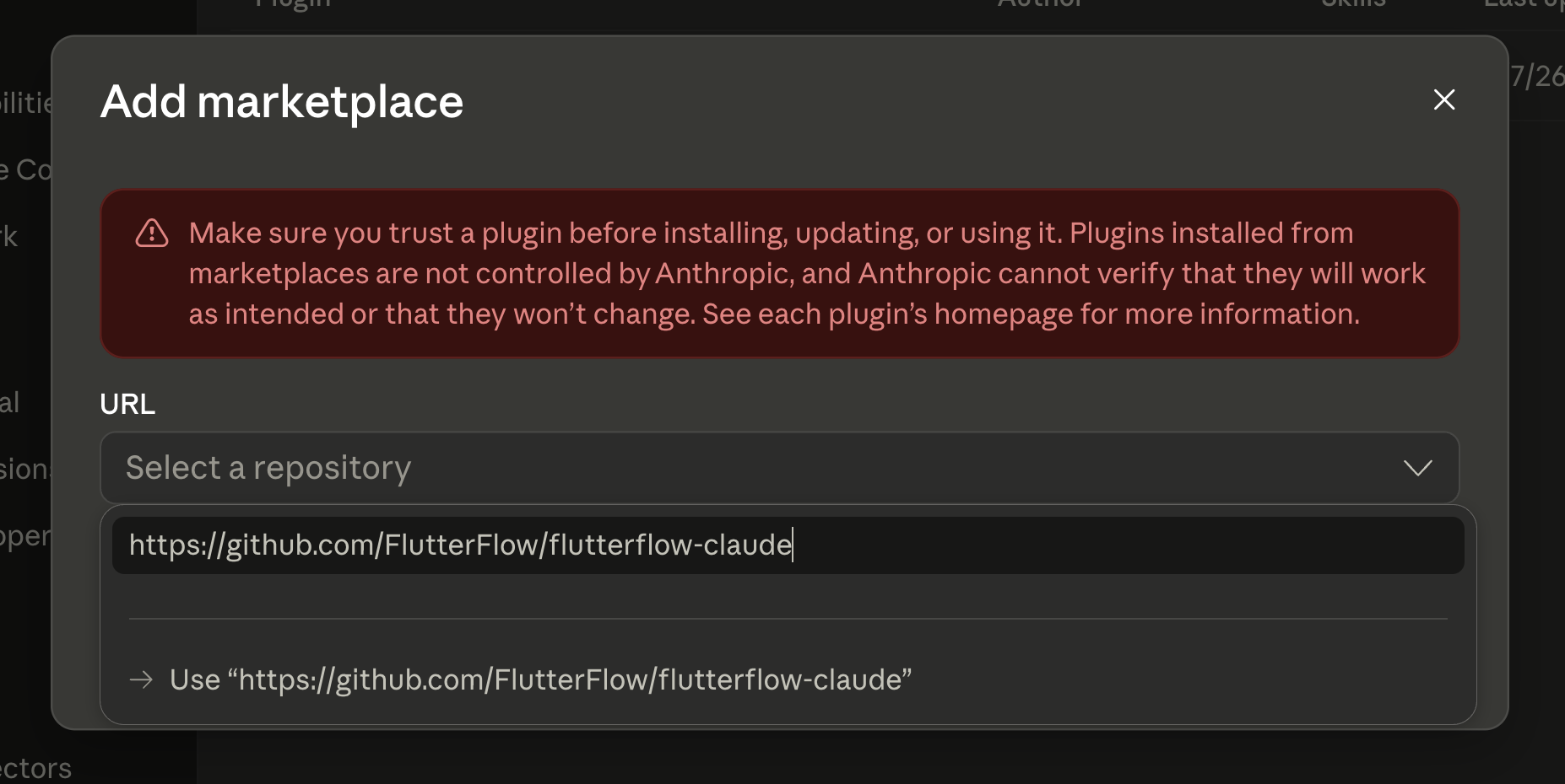 Add the FlutterFlow plugin marketplace by its GitHub URL.