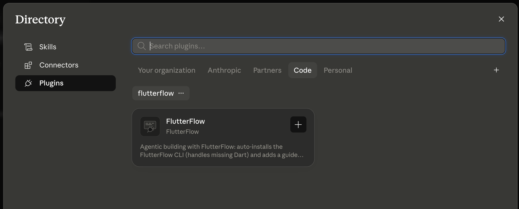 Find the FlutterFlow plugin in the Code directory and select its plus button.