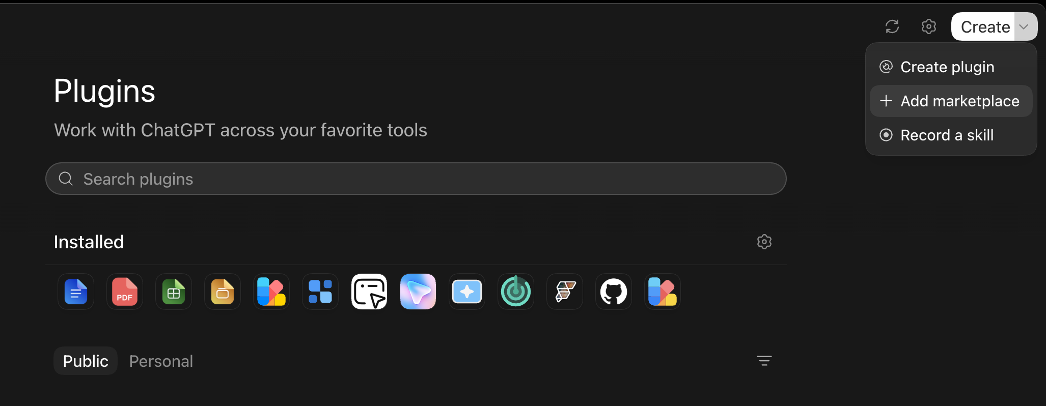 Create menu on the Plugins page with Add marketplace selected