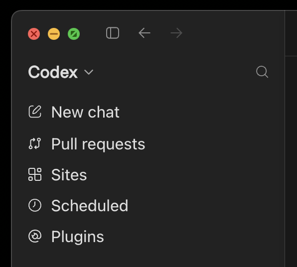 Codex sidebar with the Plugins option