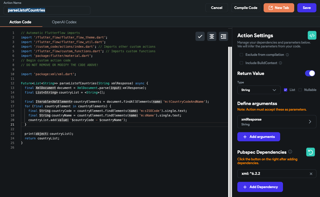 Custom action to parse list of countries