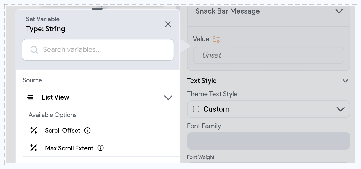 The List View variable picker showing Scroll Offset and Max Scroll Extent.