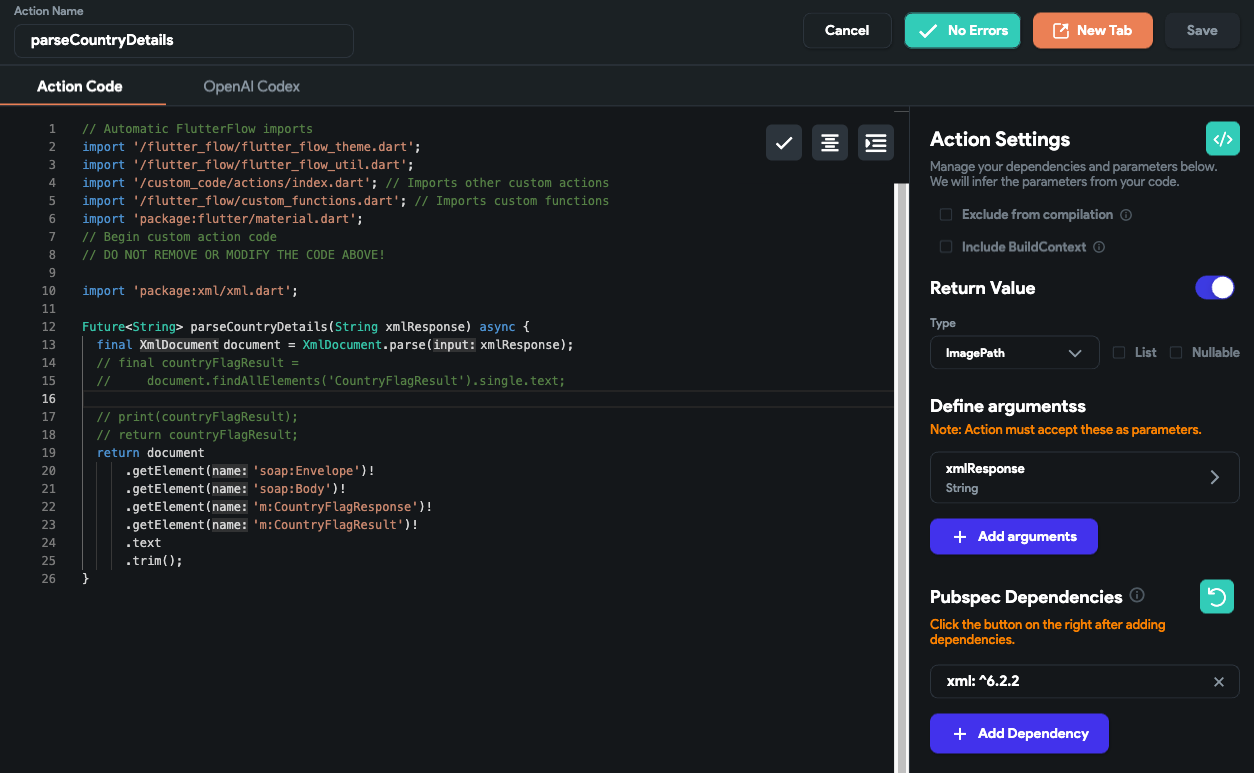 Custom action to parse country flag response