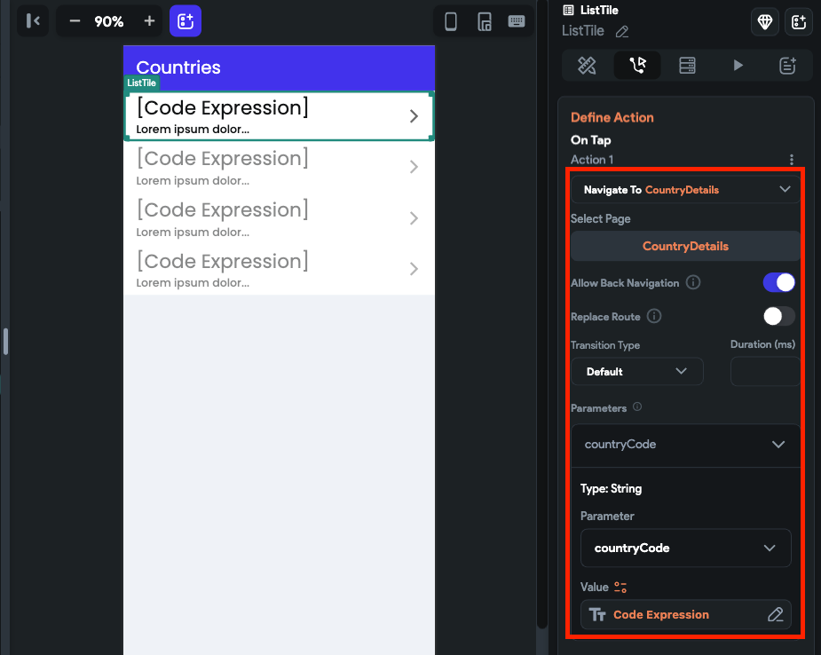 Passing country code while navigating to CountryDetails page