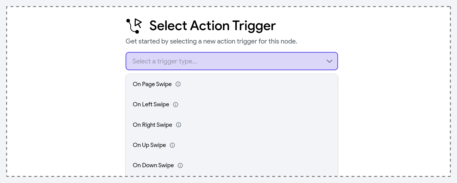 The SwipeableStack action trigger menu showing On Page Swipe and four directional swipe options.