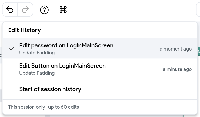 Undo and redo arrows with the Edit History menu showing recent changes.