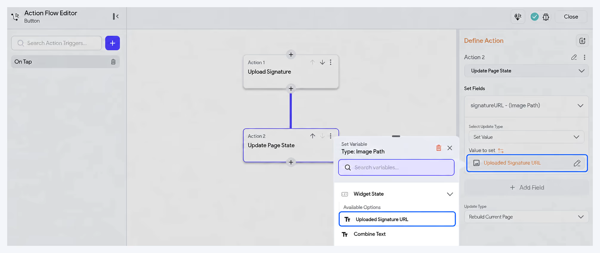 Update Page State action with the Uploaded Signature URL field and Widget State option outlined in blue.